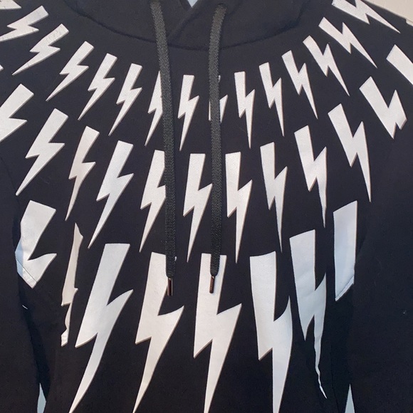 Neil Barrett Thunderbolt Fair Isle pullover hoodie sweatshirt drawstring black - Picture 2 of 12